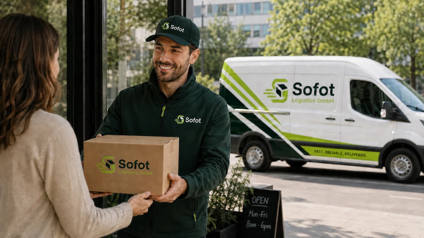 Weisser Lieferwagen fährt auf einer Strasse während einer Sofot Routenvorschau