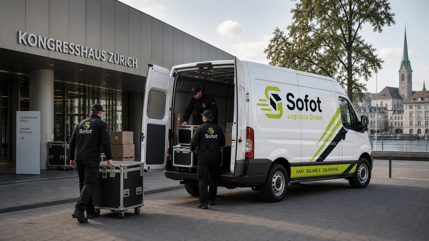 Kurier lädt Pakete aus einem Sofot Lieferwagen.